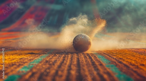 A shot put frozen in motion, suspended just above the ground in a cloud of dust. The field around it is a patchwork of vibrant colors, each line and boundary sharply defined in the crisp, clear image.