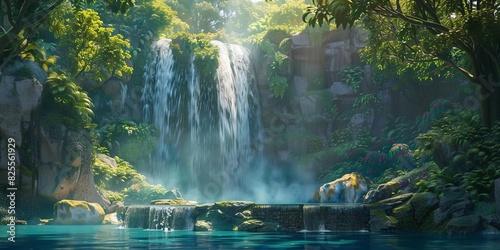A waterfall with a tranquil pool at the base, surrounded by lush forest and creating a serene, magical atmosphere