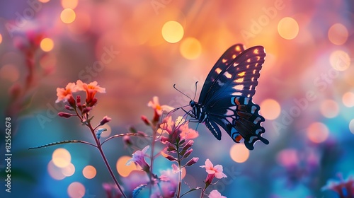 A beautiful butterfly with dark blue wings and yellow spots on a flower in a meadow at sunset.