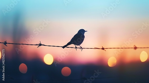 A lonely bird is sitting on a barbed wire against the backdrop of the setting sun.