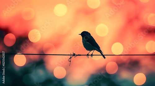 A lonely bird is sitting on a wire against the backdrop of an abstract blurred background with a gradient of orange, pink, blue and green colors.