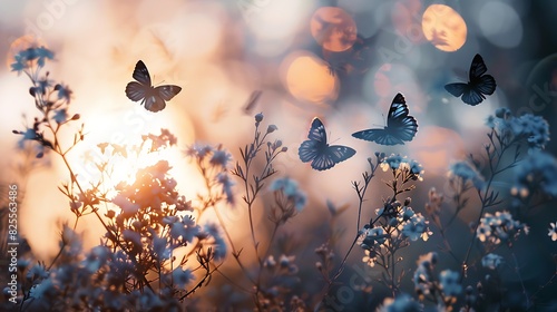 Graceful butterflies flutter among delicate flowers in a sunlit meadow.