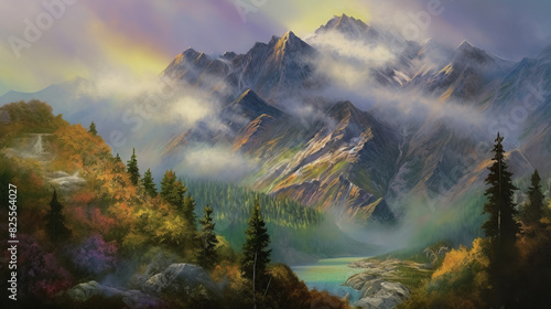photo-realistic mountain ranges, clear, vivid and bright colors, randomized cloud formations, massive rocky formations with sheer drops, ancient glaciers carving through the landscape, lush forests at