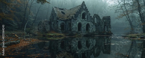 a abandoned medieval ruin in a mystic forest landscape with swamp