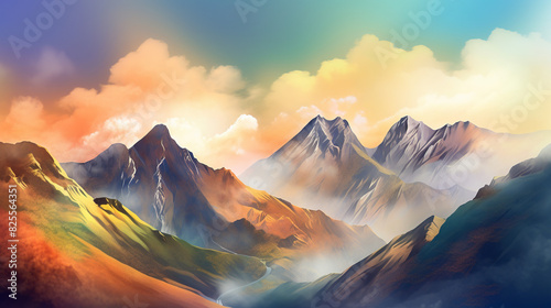 photo-realistic mountain ranges, clear, vivid and bright colors, randomized cloud formations, gently rolling hills transitioning into steep, rugged mountains, patches of golden sunlight breaking throu