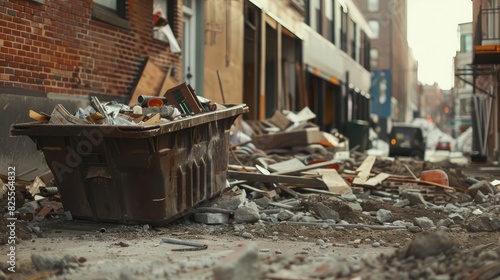 A full trash bin at a construction site, with debris and building materials spilling out.