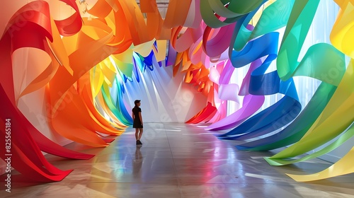 Origami abstract art installation featuring swirling patterns of rainbow-colored paper strips, creating a dynamic visual display