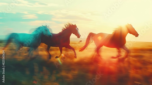 Wild horses running free in the open field at sunset