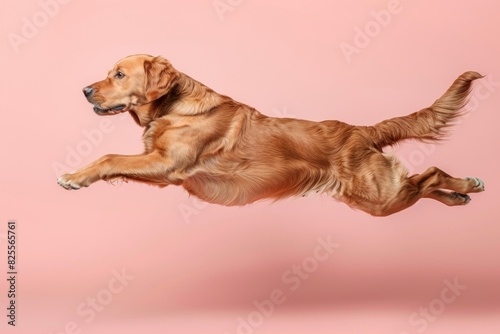 Chesapeake Bay Retriever dog Jumping and remaining in mid-air, studio lighting, isolated on pastel background, stock photographic style