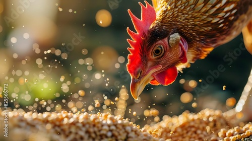 closeup of chicken pecking grains detailed photo