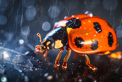 A ladybug is walking on a wet rock. The image has a mood of calmness and serenity