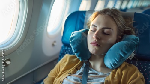 exhausted traveler napping with neck pillow on airplane abstract background