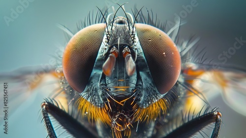 extreme closeup of a common houseflys compound eyes and hairy body macro photography