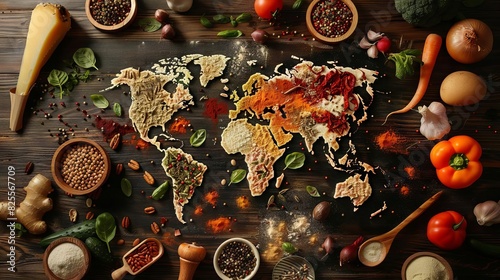 global cuisine diversity map made of food ingredients and vegetables concept illustration