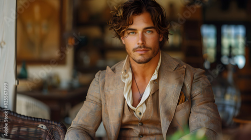 Man with Dark Hair and Moustache Wearing a Brown Jacket Sitting in a Rustic Setting