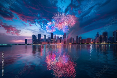 Fireworks over Cleveland skyline reflecting on lake during festive celebration night