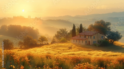 A beautiful sunrise over a serene rural landscape with a traditional countryside house, surrounded by golden fields and rolling hills