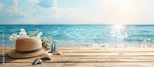 Beach background with shell accessories, starfish and straw hats on wooden floor.