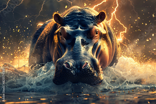 A close up of a hippo's face with a storm in the background