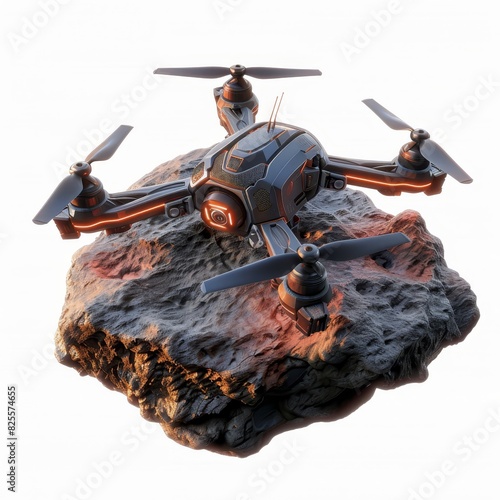 a small black and orange drone flying over a rock
