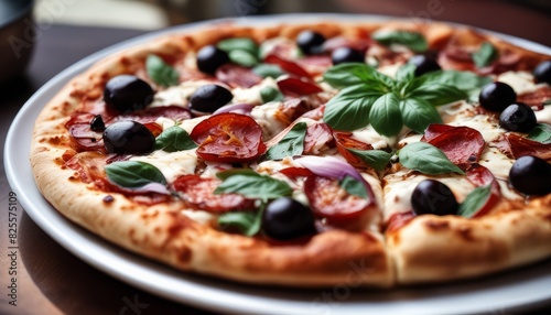 A pizza with olives, basil, and pepperoni on top