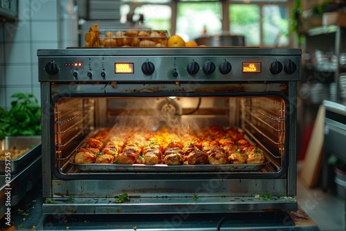 Perfectly roasted chicken thighs with herbs and spices being prepared and cooked in an industrial kitchen oven, emitting a mouthwatering aroma