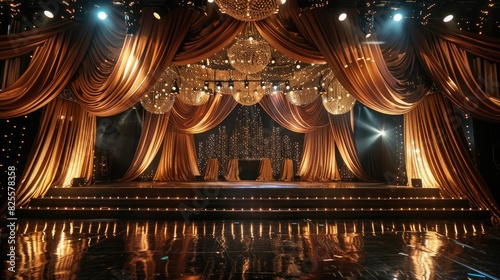 A breathtaking stage adorned with elegant drapery and sparkling lights, ready for a spectacular performance