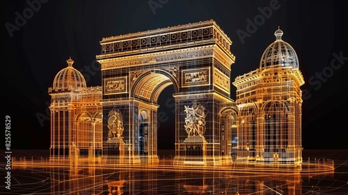 Parisian landmarks arc de Triomphe and Notre-Dame cathedral silhouetted against illuminated sky, neon art, sport competitions concept, wide banner