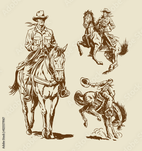 Set of hand drawn vintage cowboys on horses vector illustrations