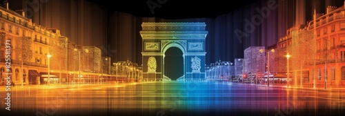 Subtle outlines of Parisian iconic landmarks against luminous cityscape backdrop, neon art style, wide banner