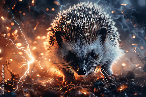 A small white hedgehog is standing in the middle of a field of rocks. The sky is dark and stormy, with lightning bolts streaking across the sky. Scene is tense and dramatic