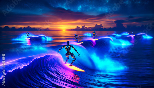 High-tech adventure with robots surfing neon-lit waves at sunset, showcasing the thrill and excitement of futuristic recreation in vibrant colors.