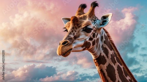 A tall giraffe stands in the savanna, its head and neck raised as it gazes into the distance. AI.