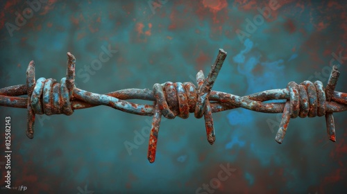 Close-up of a rusty barbed wire against a blue background. AI.