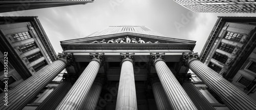 Impressive black and white facade of a classical building with ornate columns. AI.