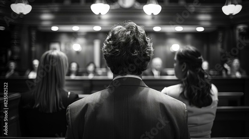 A black and white photo of a person sitting in a courtroom. AI.