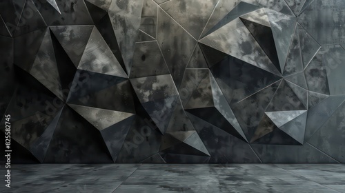 Abstract dark concrete 3d interior with polygonal pattern background, modern interior lobby banner
