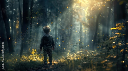 Child was lost in the forest. Little boy lost his way in the forest. A child walks through the green forest alone. Kid looks at into distance at green forest.