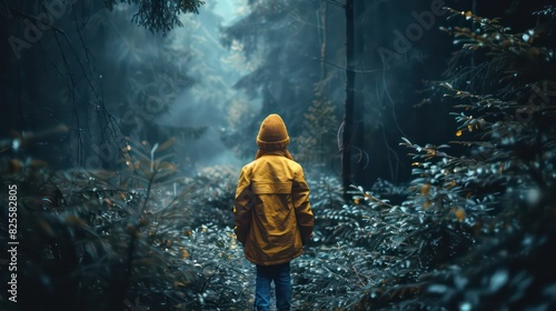 Child was lost in the forest. Little boy lost his way in the forest. A child walks through the green forest alone. Kid looks at into distance at green forest.