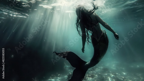 Beautiful mermaid, ocean witch, slim blue mermaid with long hair. Painting, concept art, cinematic light, background, wallpaper, illustration