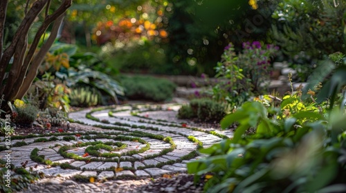 In one corner of the garden a small labyrinth represents the complexity and intricacy of gauge theory calculations.