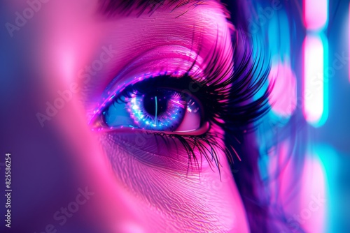Vibrant pink eye reflects a dreamlike neon realm, blending whimsicality and futuristic aesthetics