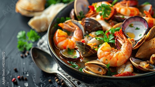 Fish, clams and shrimps with aromatic herbs, spices and vegetables. Generative Ai