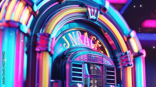 A retroinspired vinyl record cover featuring a stylized illustration of a jukebox with colorful lights and a vibrant neon sign.
