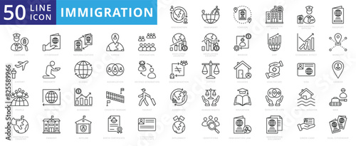 Immigration icon set with immigrant, foreign, office, passport, customs, airport, people, citizenship and destination country.