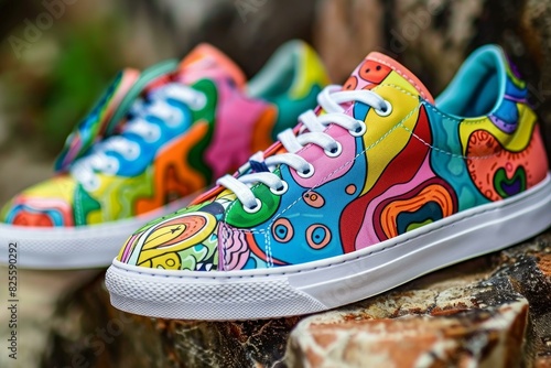 Vibrant, artistically decorated sneakers with various patterns set against a natural, rocky backdrop