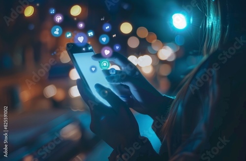 A close-up of a woman's hand using a mobile phone with a social media icon floating on the screen, a light bokeh background, the concept of online marketing.