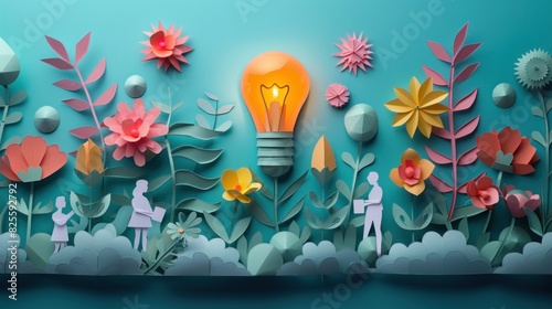 Illustrate a paper cut scene featuring a diverse team of professionals working together in a joint business startup