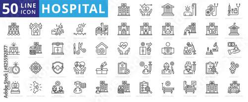 Hospital icon set with health care, institution, patient, science, medical equipment, general and emergency department.