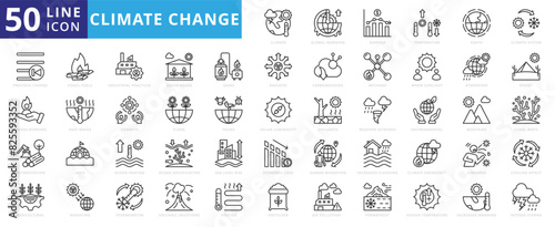 Climate change icon set with global warming, average, temperature, earth, system, previous, humans burning, and deforestation.